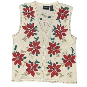VTG 90s poinsettia Christmas sweater vest beading sequins Grannycore festive MP